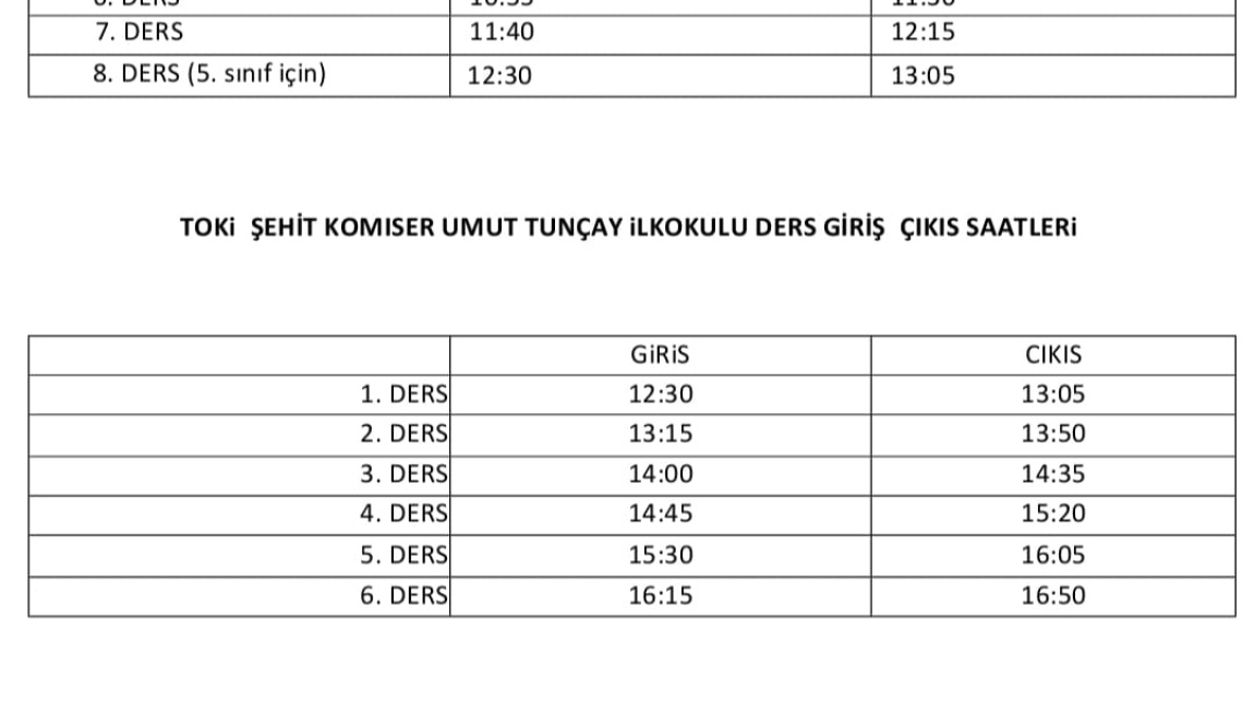 2025 2026 EĞİTİM ÖĞRETİM YILI DERS GİRİŞ ÇIKIŞ SAATLERİ